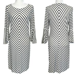 Chico's White Black Diagonal Stripe Bell Sleeve Dress Stretchy Modern Chevron